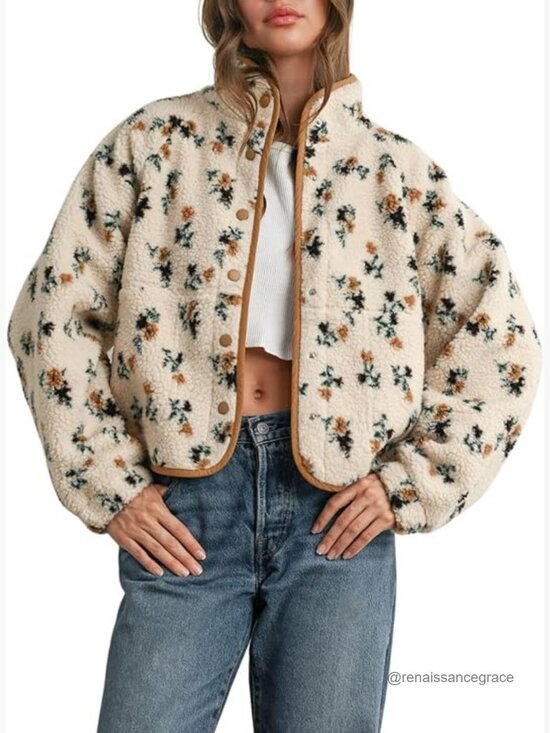 Jackets & Blazers - Women's Floral Print Fleece Jacket Snap Button Winter Teddy Cozy Casual
